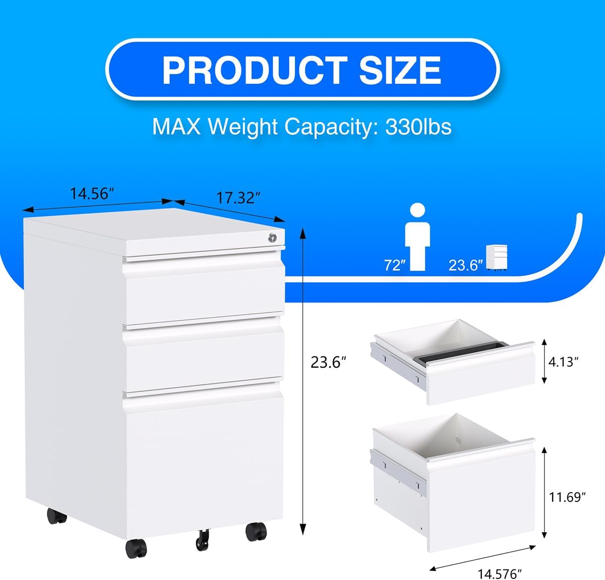 3 Drawer Mobile File Cabinet with Lock, Under Desk Metal Filing Cabinet for Hanging Files Letter/Legal/A4 Size for Home Office, Fully Assembled Except Wheels, White