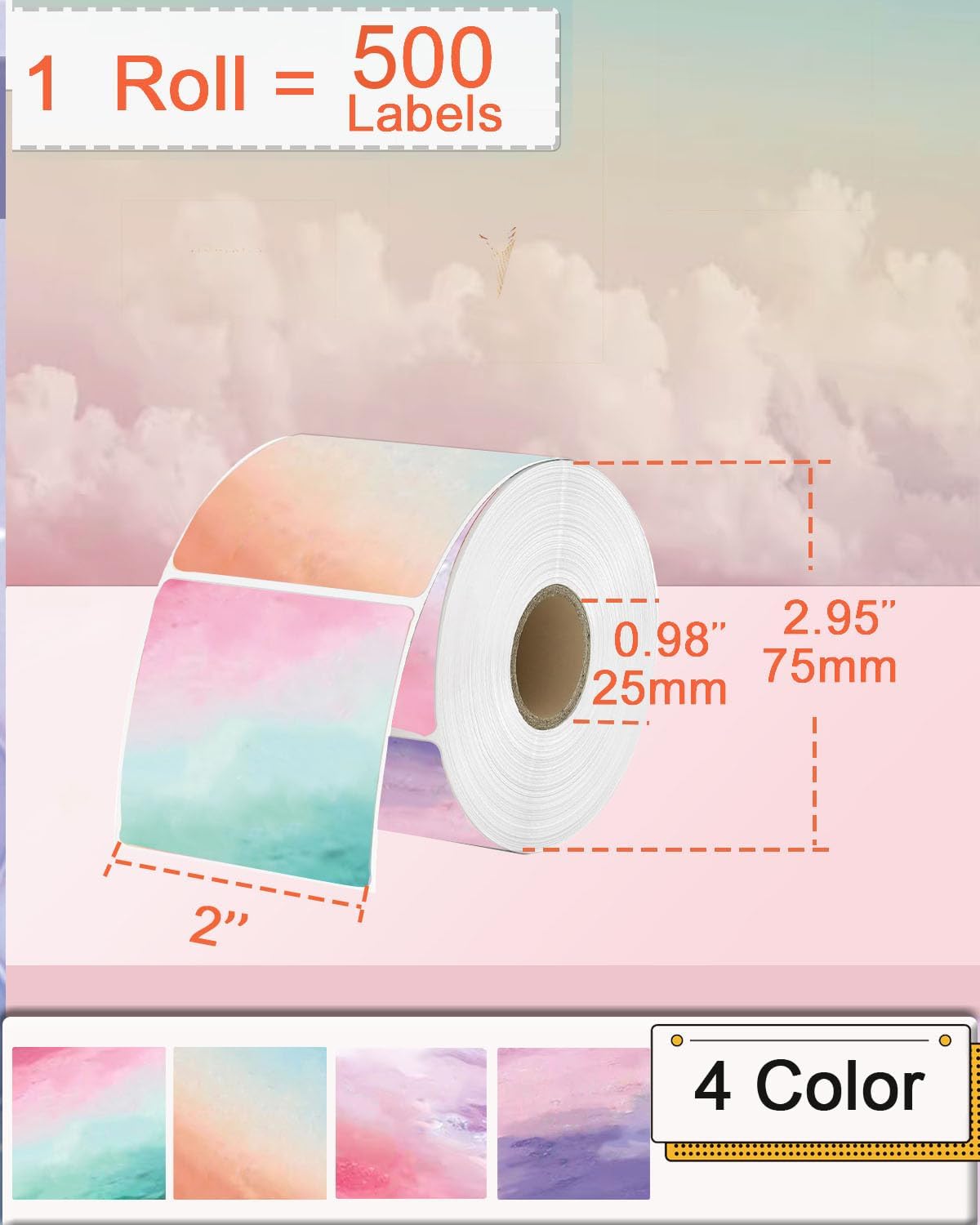 2''×2'' Square Thermal Sticker Labels, Self-Adhesive 2 Inch Direct Thermal Labels, Multi-Purpose Sticker for DIY Logo Design,Name Tag,QR Code, 500 Labels/1 Roll, Nebula