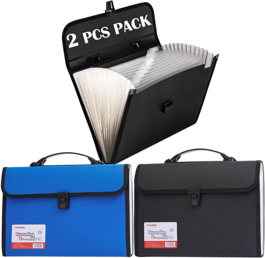 2 Pack 12 Pockets Accordion File Organizer with Handle, TRANBO Letter Size/A4 Expanding File Folder, Portable Paper Organizer, Expandable Plastic Document Organizer for Travel School Office