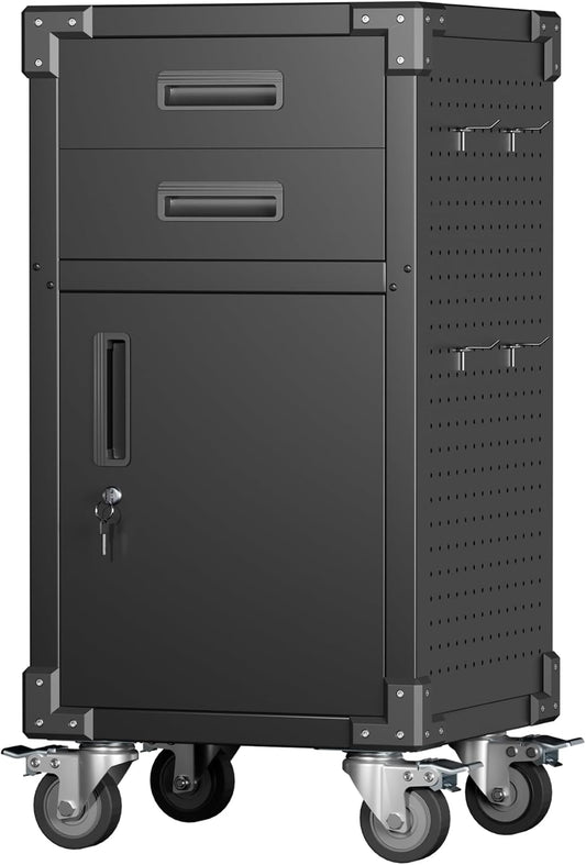 Garage Storage Cabinet, Metal Storage Cabinet with 1 Locking Door and 2 Drawers, Heavy Duty Rolling Workbench Table with Wheels and Pegboards for Garage, Office and Tool Room