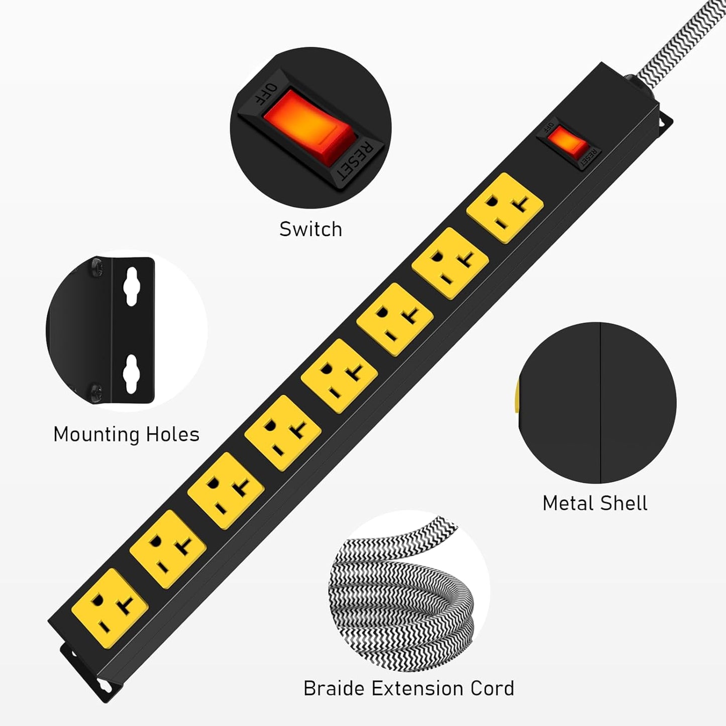 20Amp Power Strip Surge Protector, Durable Metal 8-Outlets with Heavy Duty 20 amp 15Ft 12 Gauge Extension Cord for Garage Workshop & Industrial Use, 1200J