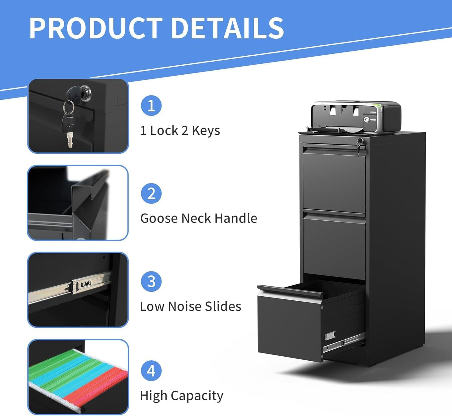 3 Drawer File Cabinet with Lock, Vertical Filing Cabinets for Home Office, Locking File Cabinet Hanging Files for A4/ Legal/Letter, Require Assembly, Black