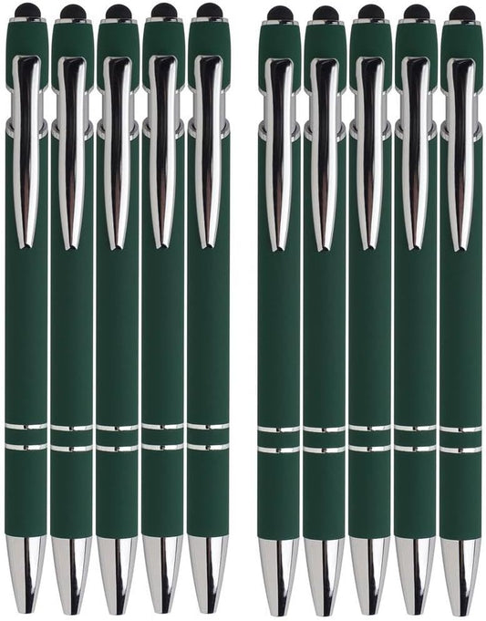 Green Ballpoint Pens with Black Ink, 2-in-1 Stylus Tip, 1.0mm Medium Point, Matte Metal Barrel – 10-Pack for Office or School