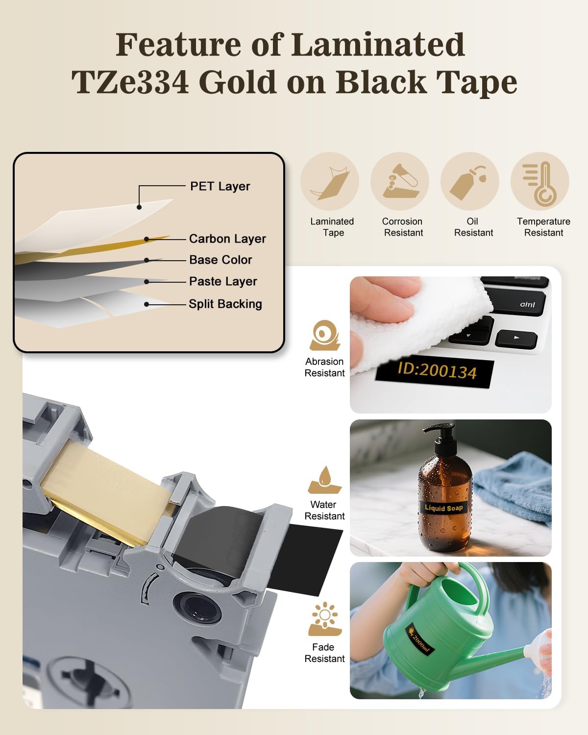 3-Pack 12mm Tz Tape Gold on Black Compatible with Brother P Touch Label Tape Tze-334 Tz Tape 12mm 0.47" Laminated Black, Work for Brother P Touch Label PT-D210 PT-H110 PT-D600 PT-D400 PT-1180