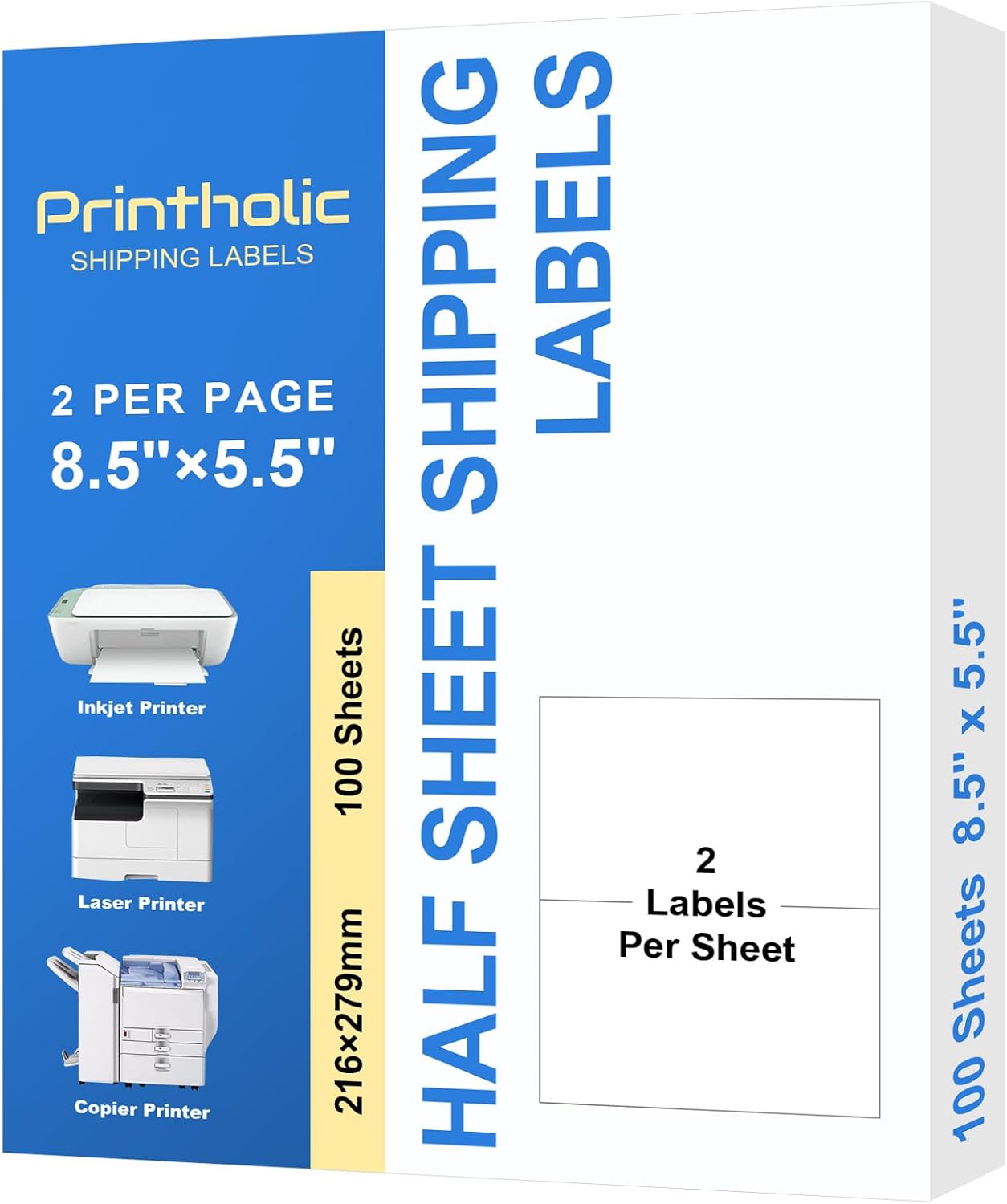 200 Half Sheet Self Adhesive Shipping Labels 8.5" x 5.5" Compatible with for Laser & Inkjet Printers - 100 Sheets, 2 Labels Per Page