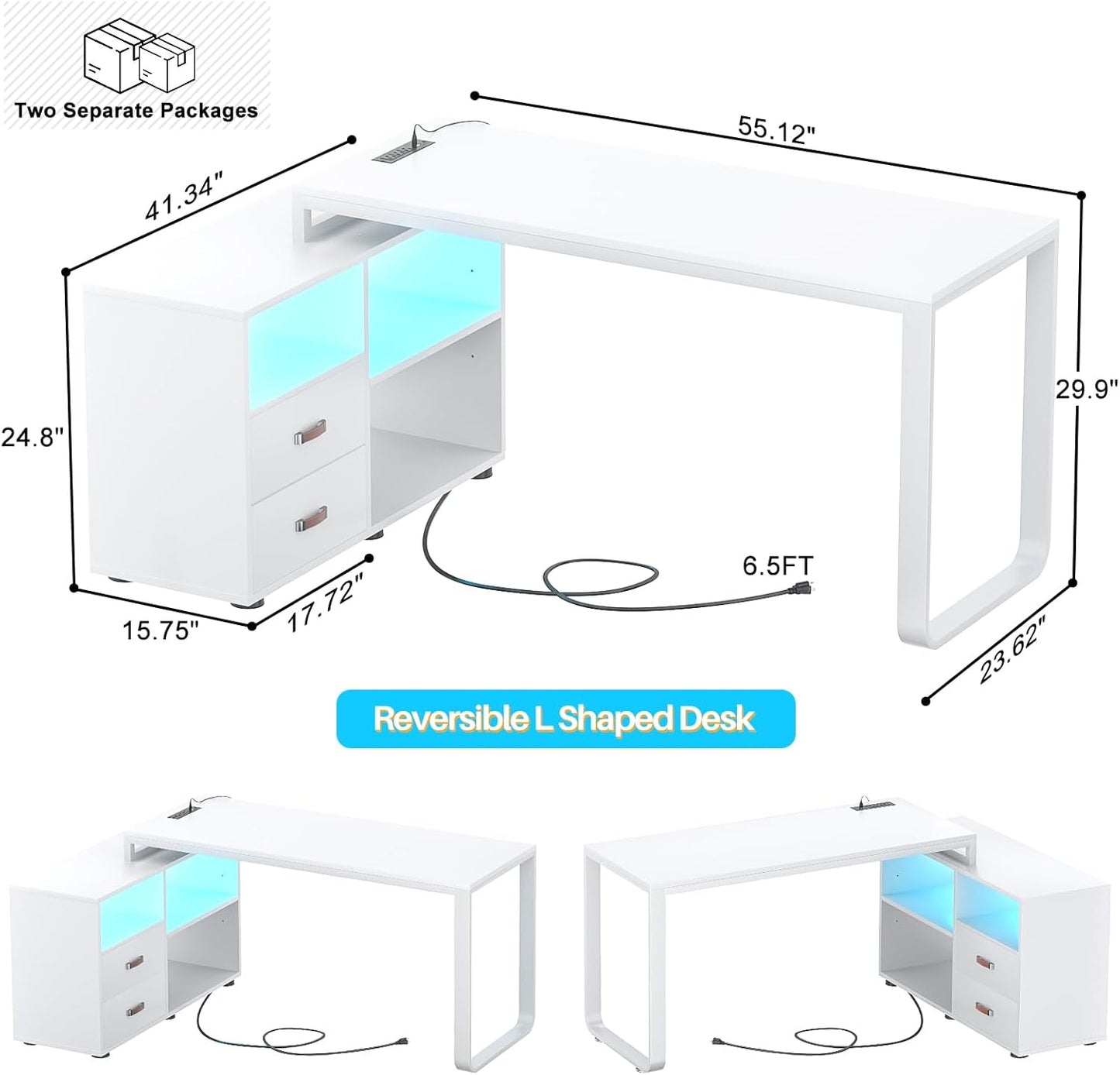 Homieasy L Shaped Desk with File Cabinet & Power Outlet, Reversible 55 Inch Large Corner Computer Desks with LED Strip, L-Shaped Desk with Drawers and Storage Shelves for Home Office, White