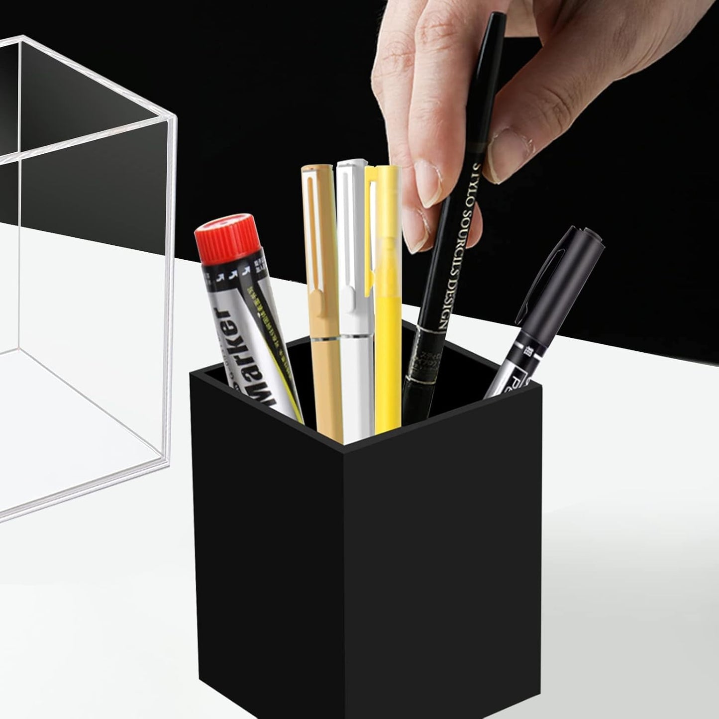 2 Pack Acrylic Pen Pencil Holder, Black Makeup Brush Holder Cup Storage Office Desktop Desk Table Stationery Organizer