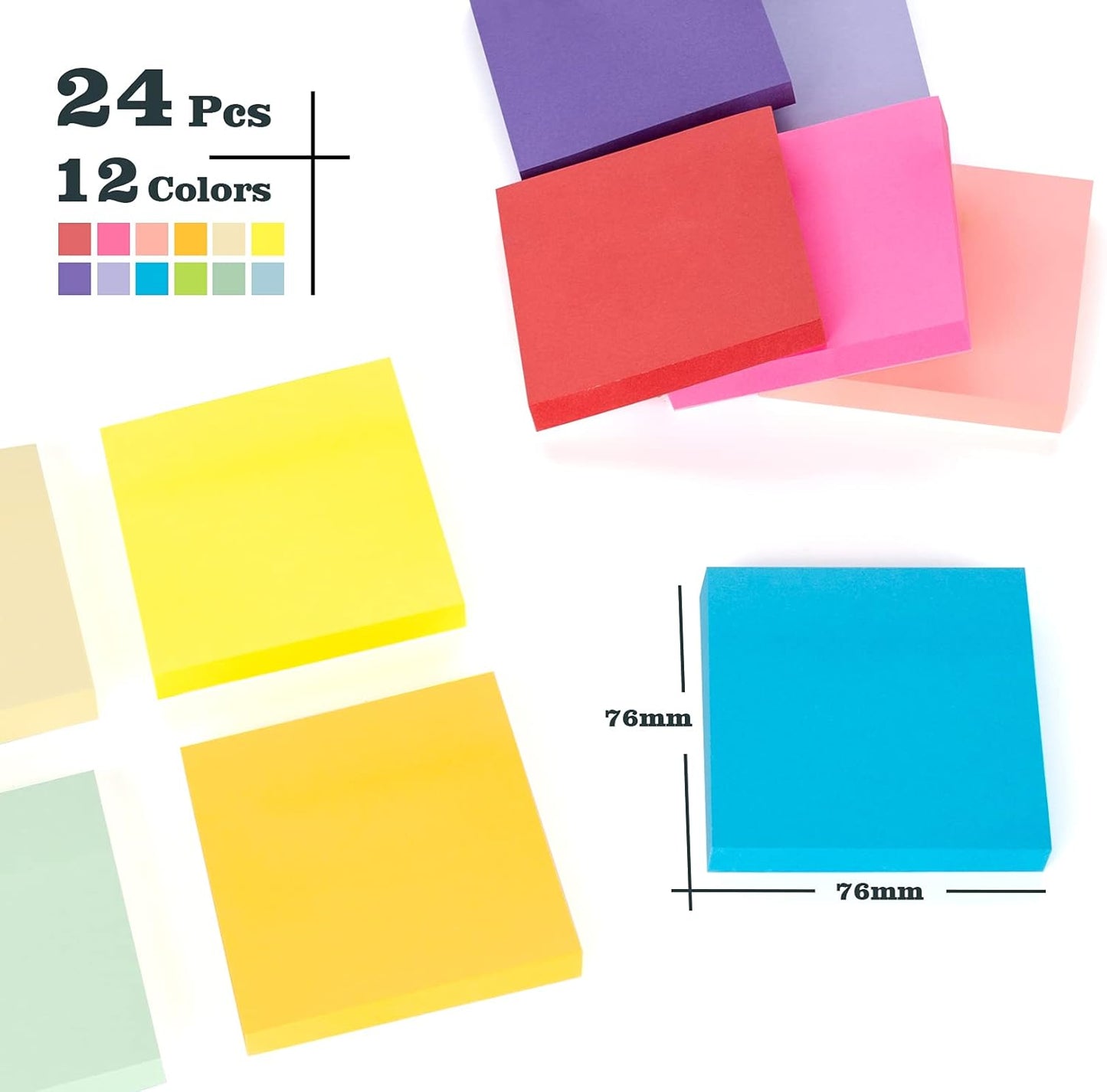 24 Pack Sticky Notes - 3 x 3 Inch Large Memo Pads with 2X Sticking Power,12 Bright Colors Sticky Pads,100 Sheets/Pad - 2400 PCS Super Sticky & Repositionable for Office,Notebook,School,and Daily Use