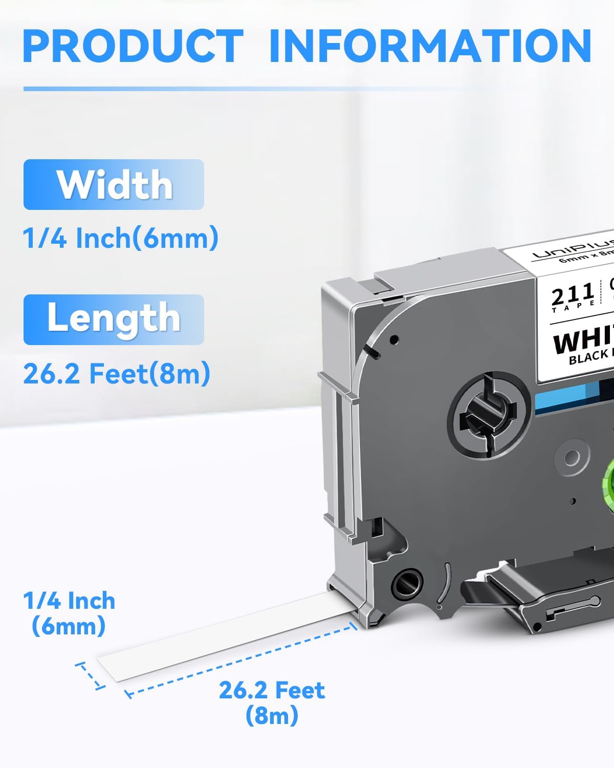 Compatible with Brother Label Tape TZe TZ Tape 6mm 0.23" TZe-111 TZe-211 TZe-411 TZe-511 TZe-611 TZe-711 Laminated Tape Work for P Touch PT-D210 PT-H110 PTD400 PTD600 PT1280 PTP300BT, 6-Pack