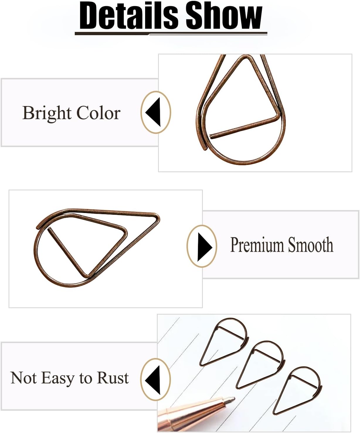 200 Pcs Teardrop Paper Clips Bulk,Stainless Steel Rust-Resistant Paperclips for Wedding Invitations, 3X Stronger Hold with Mirror Polish (Copper, 1inch)