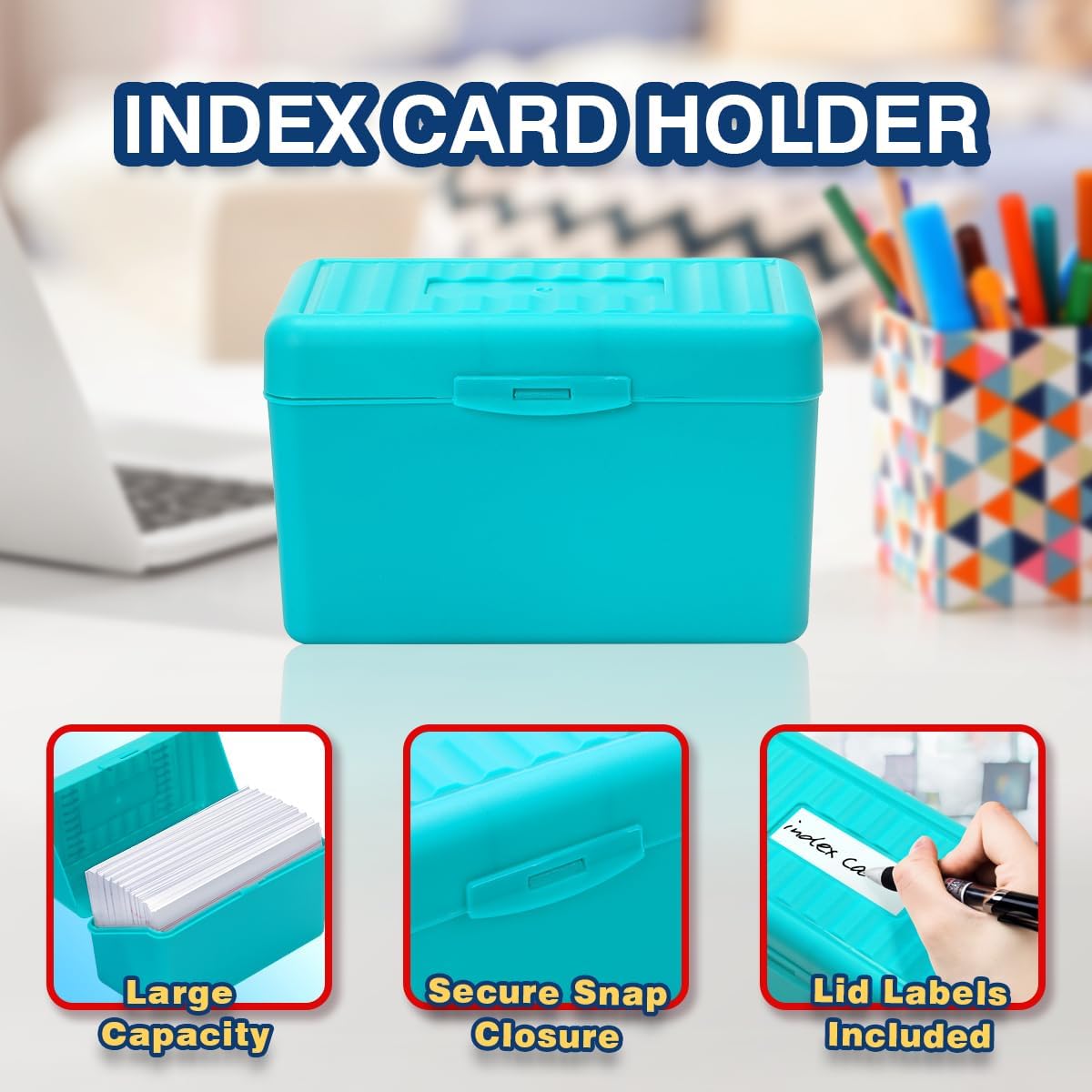 H4D 3x5 Index Card Holder with 100 Heavyweight Ruled Index Cards and 25 Plastic Dividers, Teal