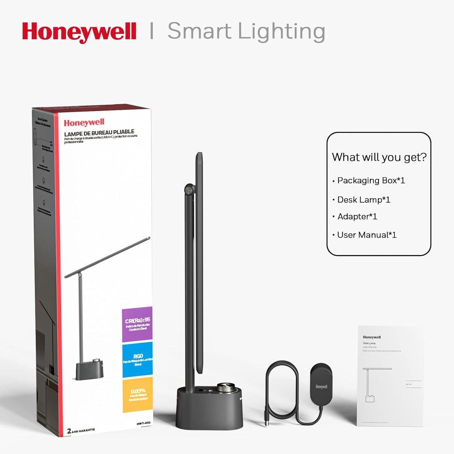 Honeywell Sunturalux™ LED Desk Lamp with USB Charging Ports HWT-H01 - Stepless Dimmable Eye Caring Desk Light for Home Office Bedroom Bedside College Dorm, Foldable Table Lamp Reading Lamp Black