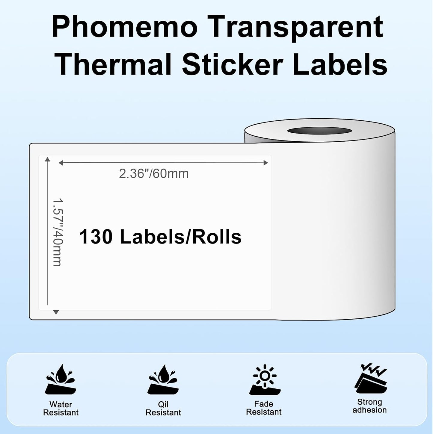 3 Rolls Phomemo Transparent Labels, 1.57'' x 2.36'' (40 x 60mm) Sticker for Phomemo M220 M110 M108 M250 M260 M221 M120 M150 Label Maker, for Barcode, Qr Code, Box, Name