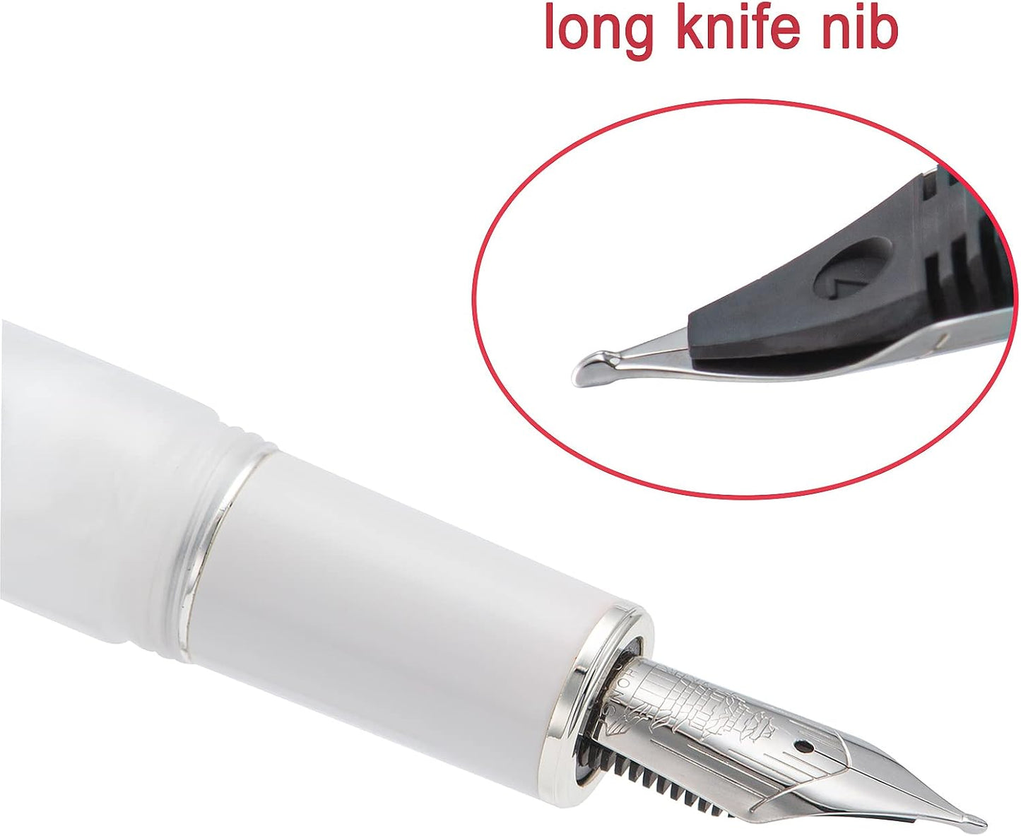 Hongdian N8 White Acrylic Resin Fountain Pen, Long Blade Fine Nib Silver Plated Feather Carving Cap Smooth Writing Pen with Converter and Metal Pen Box Set