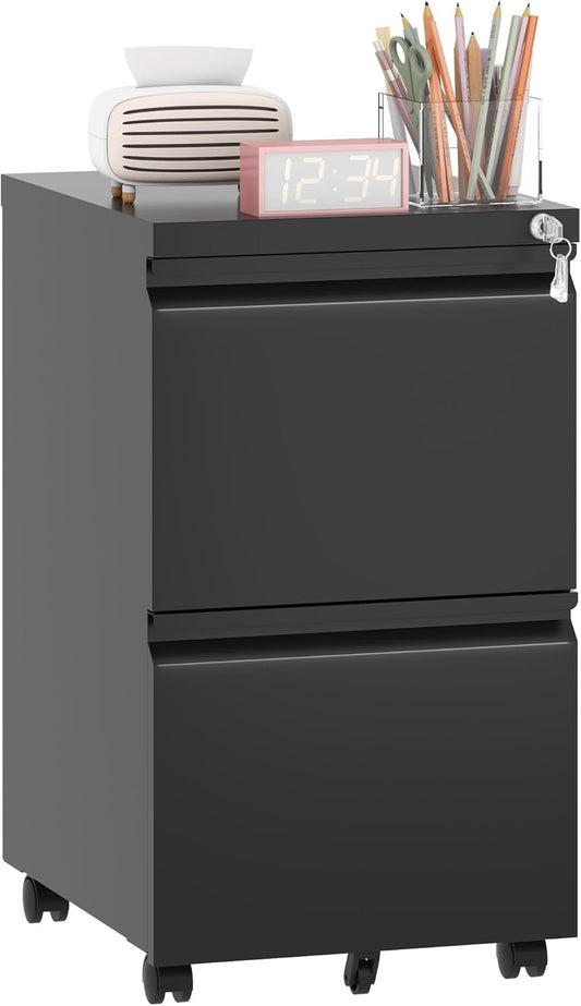 2 Drawer Mobile File Cabinet, Filing Cabinet Home Office for Letter, Legal Size, Fully Assembled Under Desk File Cabinet, Blac
