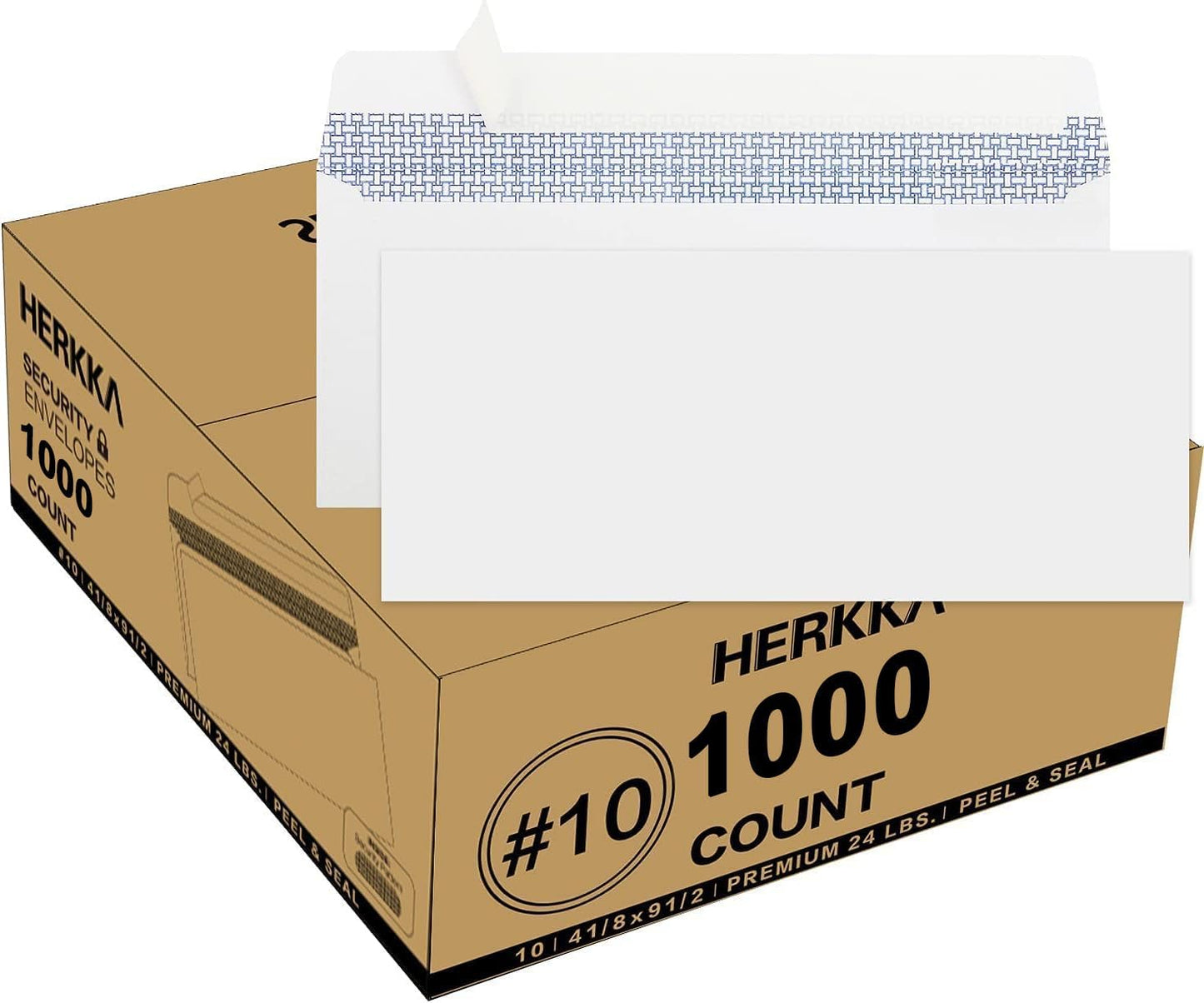 HERKKA #10 Security Self-Seal Envelopes, No.10 Windowless Bussiness Envelopes, Security Tinted with Printer Friendly Design - Size 4-1/8 x 9-1/2 Inch - White - 24 LB - 1000 Pack
