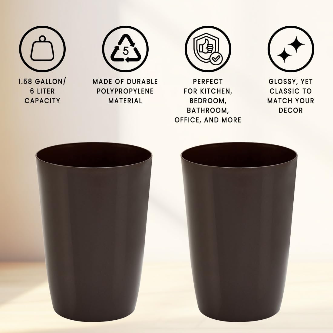 HOLDN’ STORAGE Small Trash Can - Set of 2 Open Top Waste Bin of 1.58 Gallon, Compact Waste Can Perfect for Bathroom, Kitchen, Office, Dorm - Durable Garbage Can - Metallic Brown