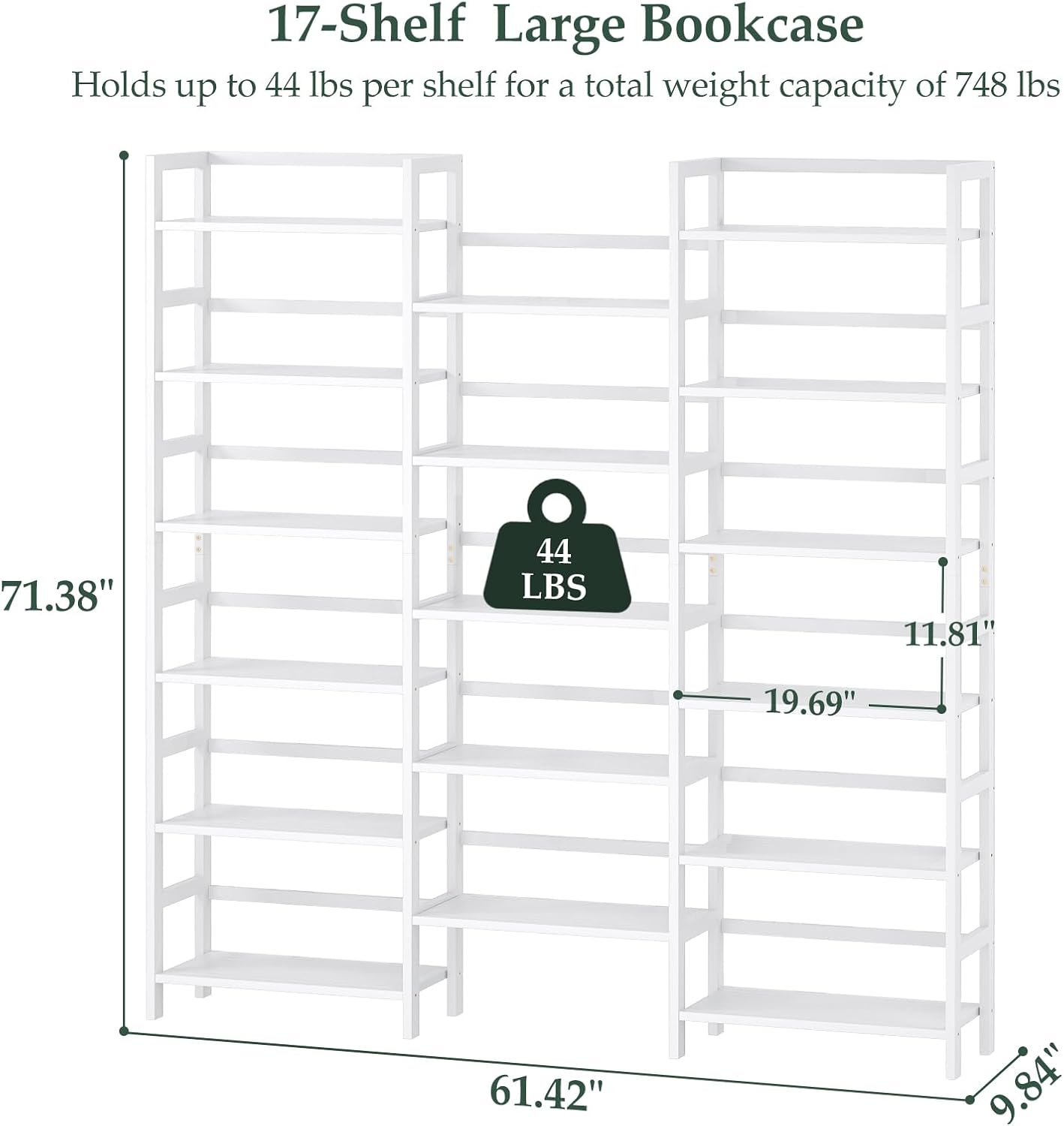 Homykic Bamboo Triple Wide Shallow Bookshelves and Bookcases, 6-Tier 6ft Tall Bookshelf with 17 Open Display Shelves, Super Large Freestanding Book Shelf for Home Office, Bedroom, Living Room, White