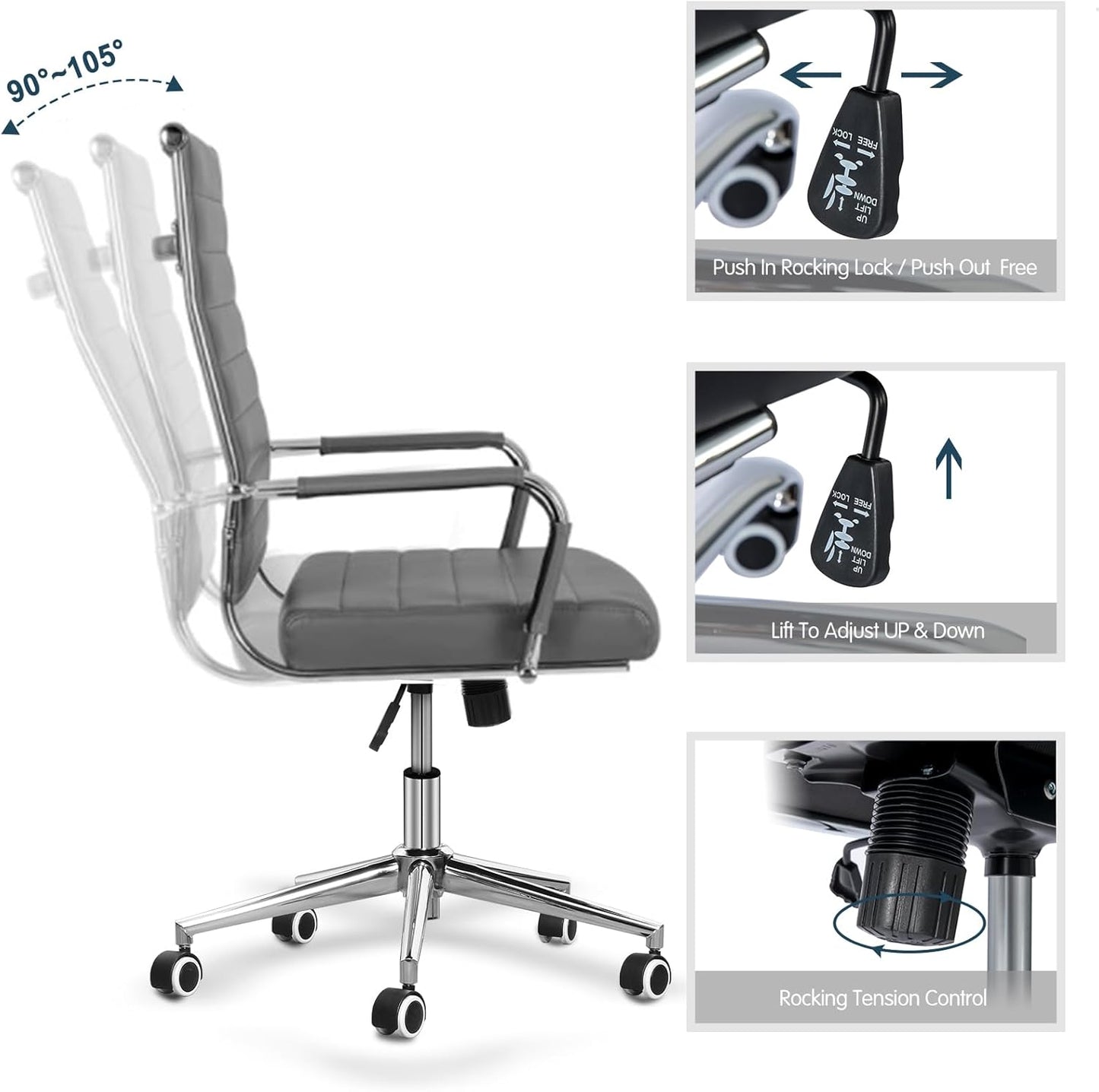Home Office Chair Ribbed, Modern Leather Conference Waiting Room Chairs,Ergonomic Office Desk Chair, High Back Executive Computer Chair, Adjustable Swivel Chair with Arms (Gray)