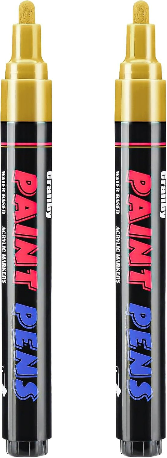 Gold Paint Pens Paint Markers - 2 Pack Permanent Quick Dry Waterproof Marker Pens for Rocks Wood Fabric Plastic Canvas Glass Mugs Metal Tire Stone