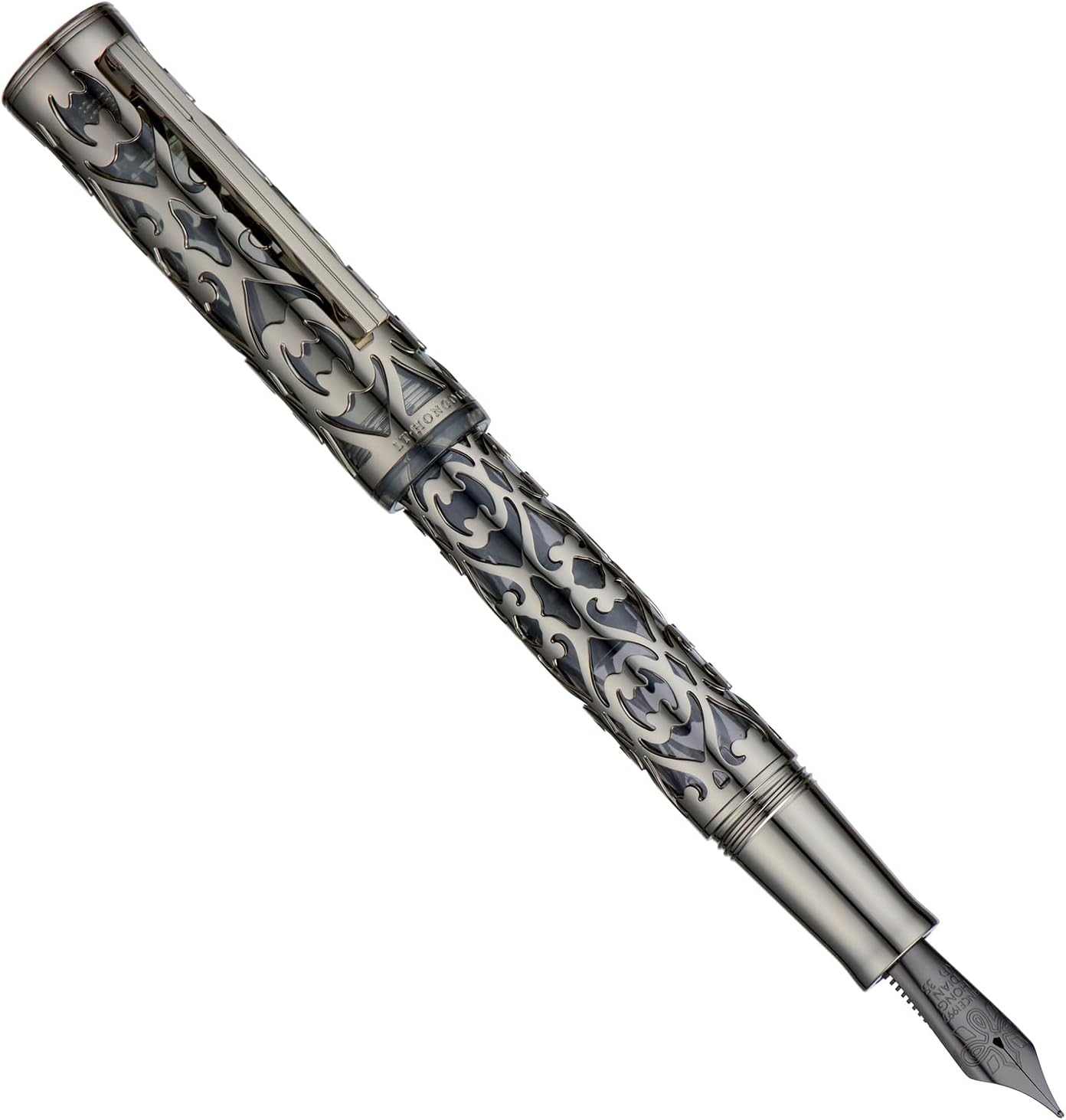 Hongdian D1 Piston Fountain Pen Fine Soft Nib, Jet Black Hollow Skeleton & Resin Pen with Metal Case Set