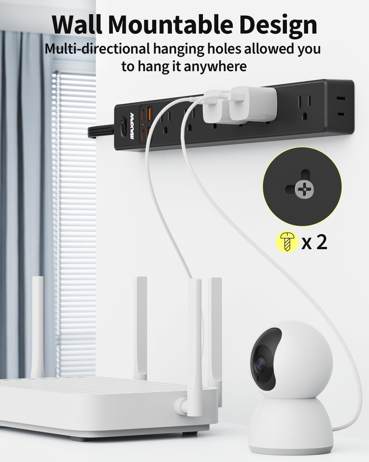 2 Pack Power Strip Surge Protector - 7 Outlets 4 USB Ports (2 USB C), Maxpw 10 Ft Ultra Thin Flat Plug Extension Cord, 1875W/15A, 1700 Joules, Wall Mount for Home Office Dorm, Black