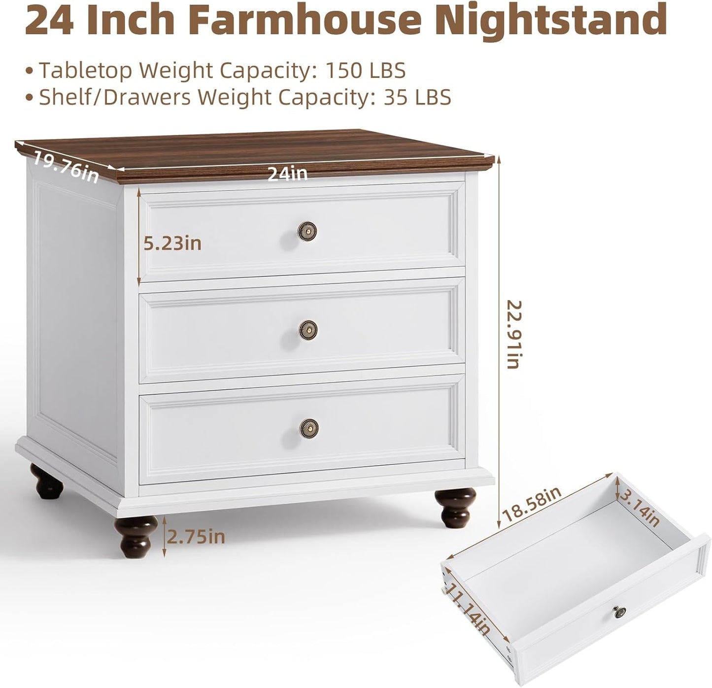 24" Wide Farmhouse Night Stand Set of 2,Large End Table with 3 Drawers & Metal Handle,White Wood Dresser for Bedroom Cabinet, Bed Side Table Chest of Drawers,Nightstand for Living Room,Closet