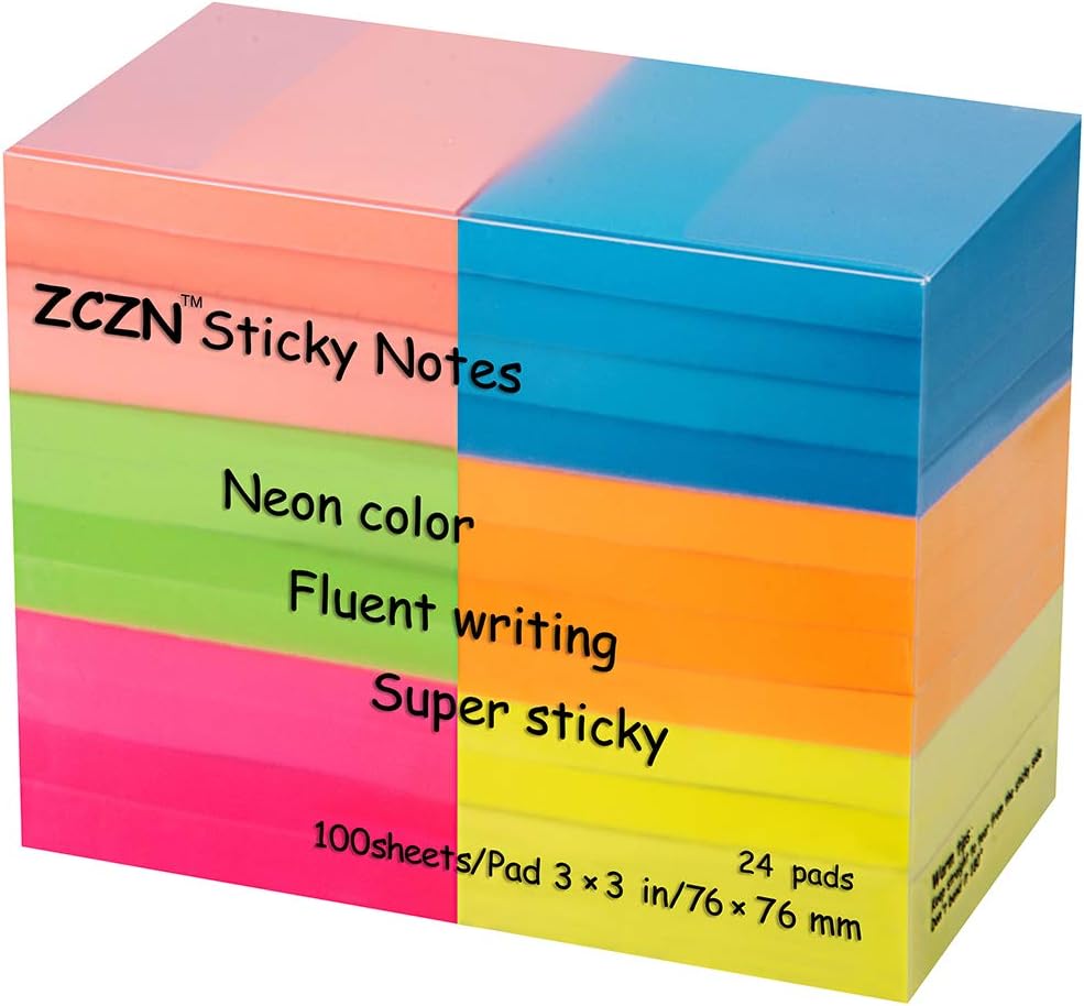 2400 Sheets Sticky Notes 3x3 Inches, 24 Pack ZCZN 6 Bright Color Self-Stick Note Pads, Colorful Sticky Notes Bulk, Easy to Post for Home, Office, School - 100 Sheets/Pad