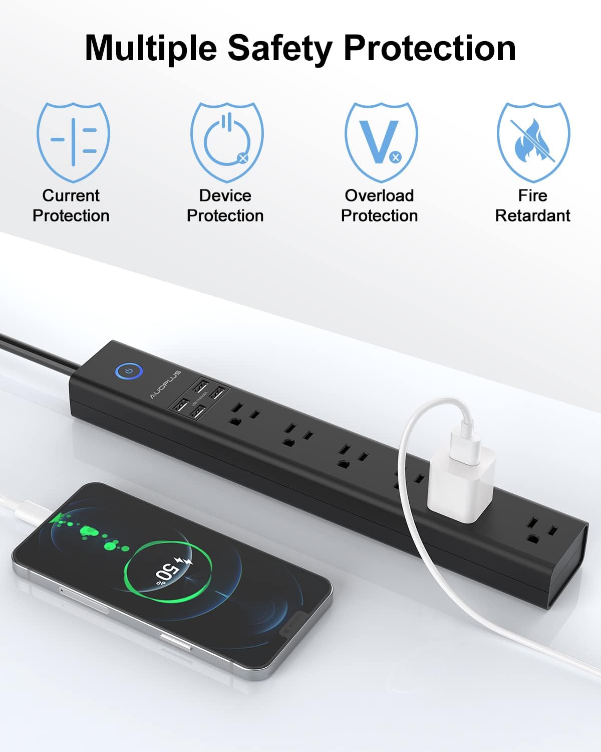 15 Ft Power Strip Surge Protector, 6 Outlets and 4 USB Ports, Flat Plug Power Strips Long Extension Cord with Overload Protection, Wall Mount for Home, Office, Dorm, ETL Listed Black
