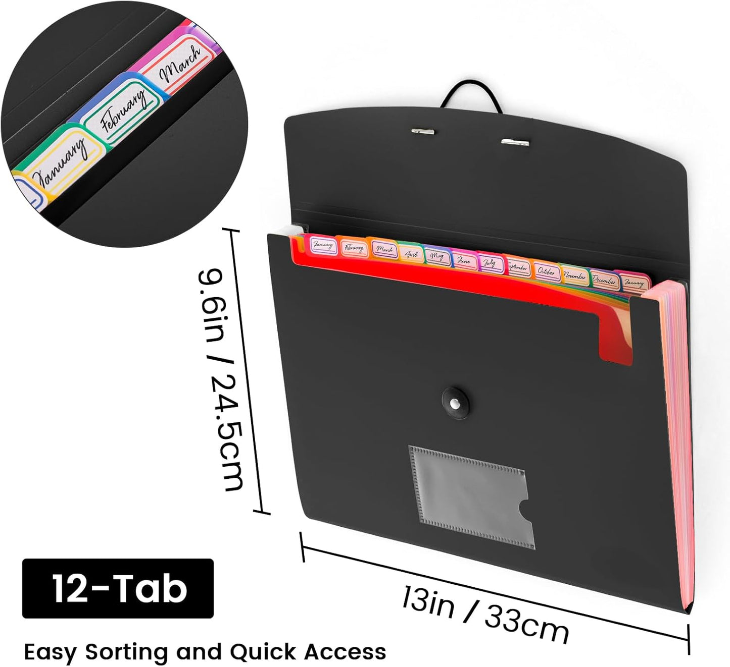 13 Pocket Accordion File Organizer with Elastic Closure, Expanding File Folder for Letter Size A4 Papers, Ideal for Home, Office Supplies, College Essentials - Black