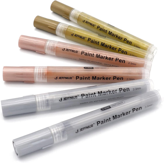 Gold Paint Pens with Silver,Rose Gold, Acrylic paint Pens for Rock Painting, Wood, Fabric, Glass, Canvas, Scrapbooking, Card DIY Metallic Acrylic Marker (2mm)