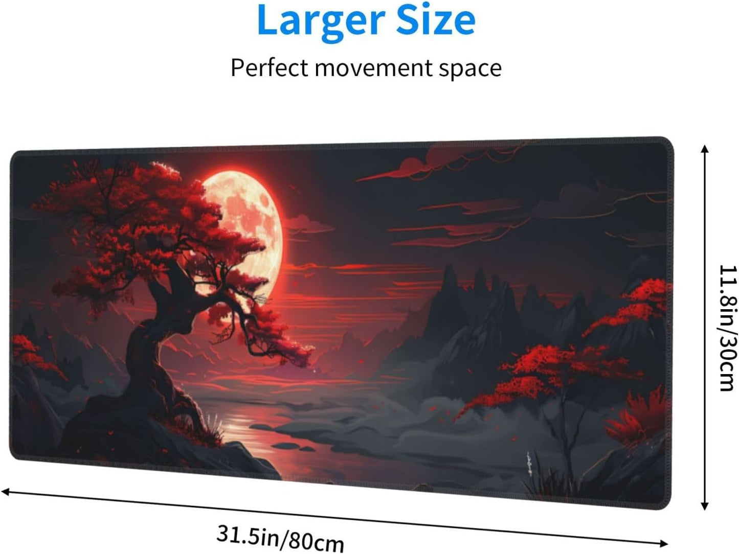 Gaming Mouse Pad Desk Pad,Extended Big Mouse Pad,31.5x11.8 Inch Long Computer Keyboard Mouse Mat Mousepad with 3mm Non-Slip Base and Stitched Edge for Gaming and Office… (Red Moon Canyon)