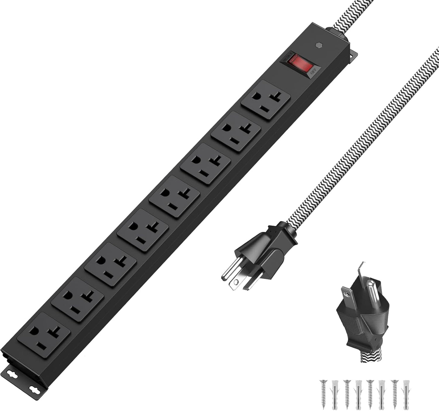 HEZI 20 Amp Power Strip Surge Protector 1200J, Metal 8 Outlets Heavy Duty 20amp, 10Ft 12 Gauge Extension Cord for Appliance Workbench Garage Industrial, Combine with T-Plug Adapter,5-20R T-Slot