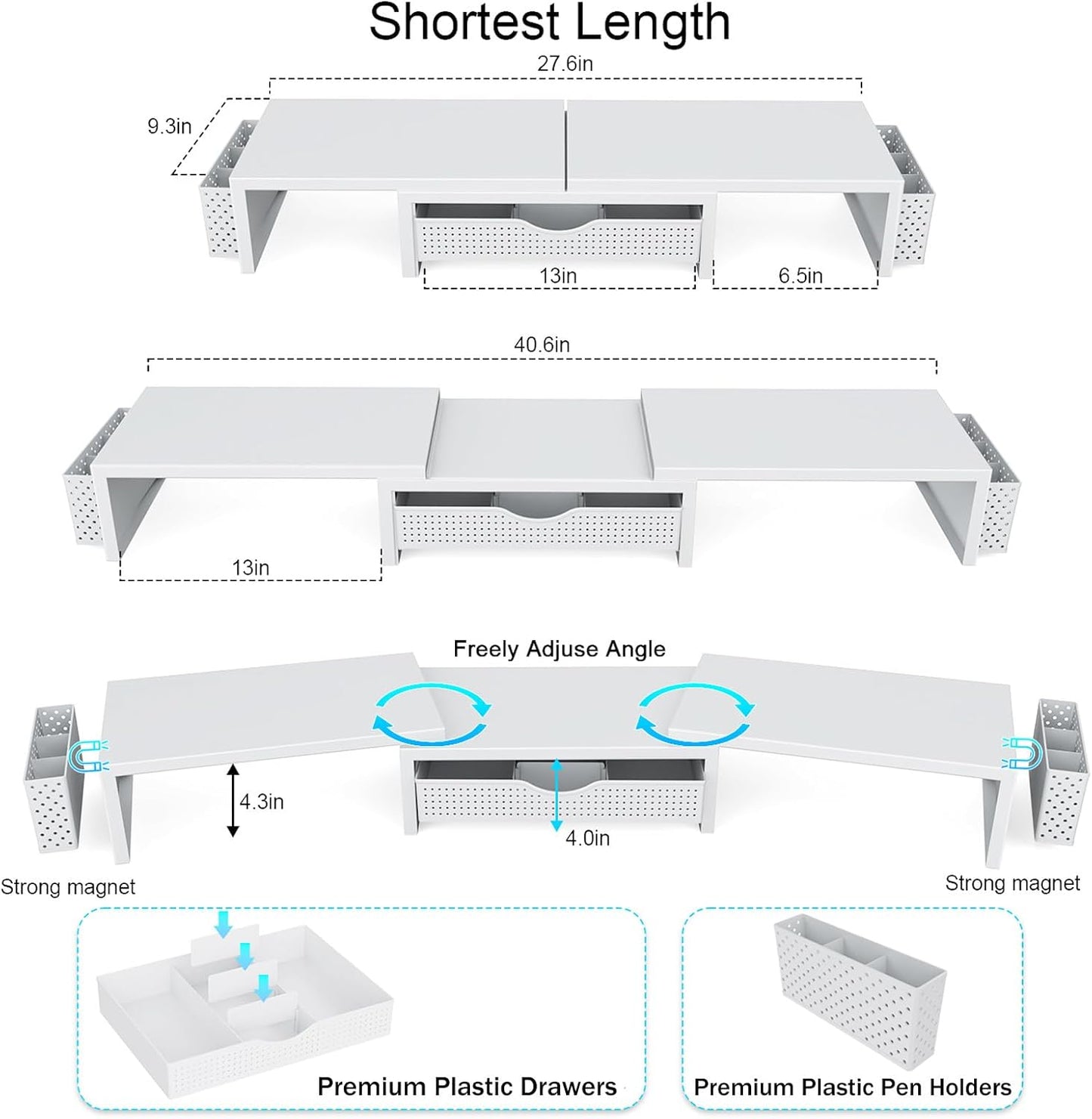 gianotter Dual Monitor Stand Riser, Desk Organizer With Drawer and 2 Pen Holders, Monitor Stand for Desk, Office Decor Essentials (White)