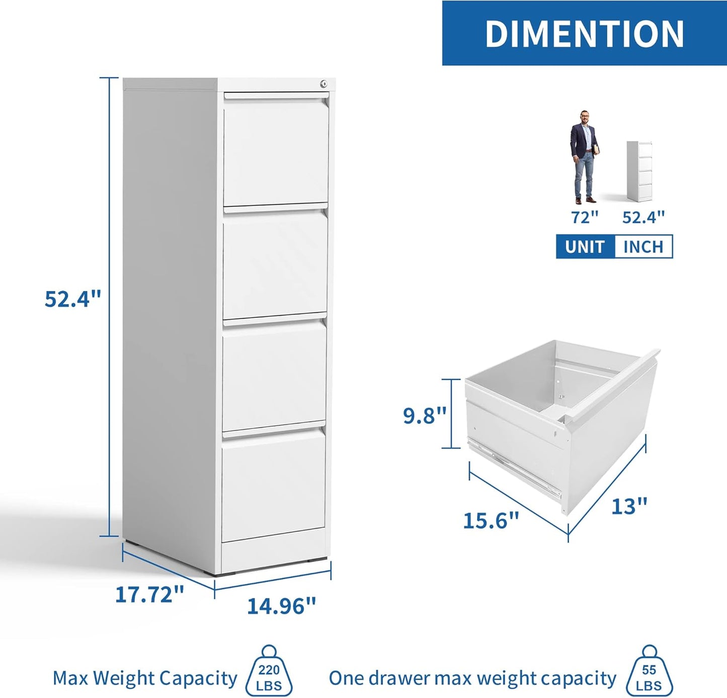 4 Drawer File Cabinet with Lock, Vertical File Cabinet with Lock, Locking File Cabinet Hanging Files for A4/ Legal/Letter,White