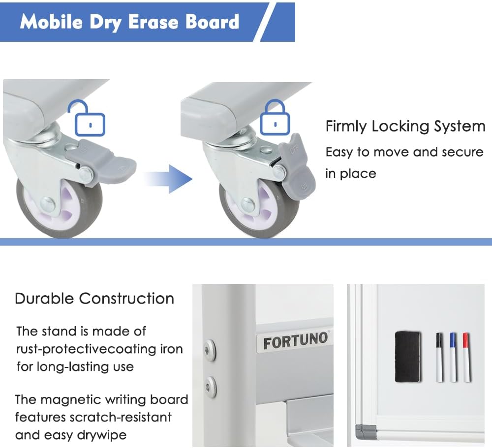 FORTUNO Large Magnetic Mobile Whiteboard 72"x40", Rolling Double Sided Stand Whiteboard on Wheels, Reversible Adjustable Height/Angle Dry Erase Board Easel White Board for Office Classroom