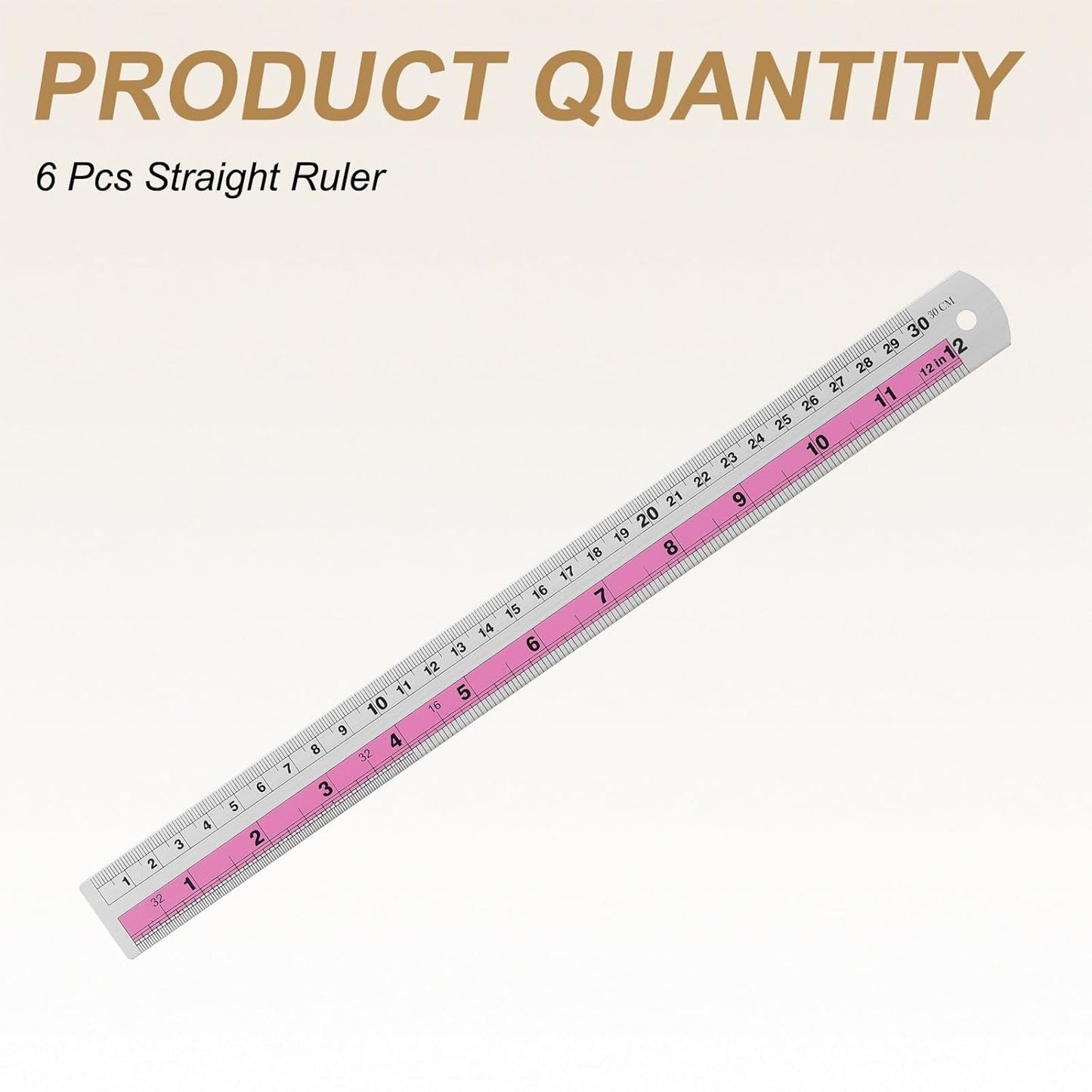 HARFINGTON 6pcs Metal Straight Ruler 30cm Metric SAE Aluminum Alloy Measuring Rulers Scale Tools with Hole for Measure Study Reading Classroom Office, Pink