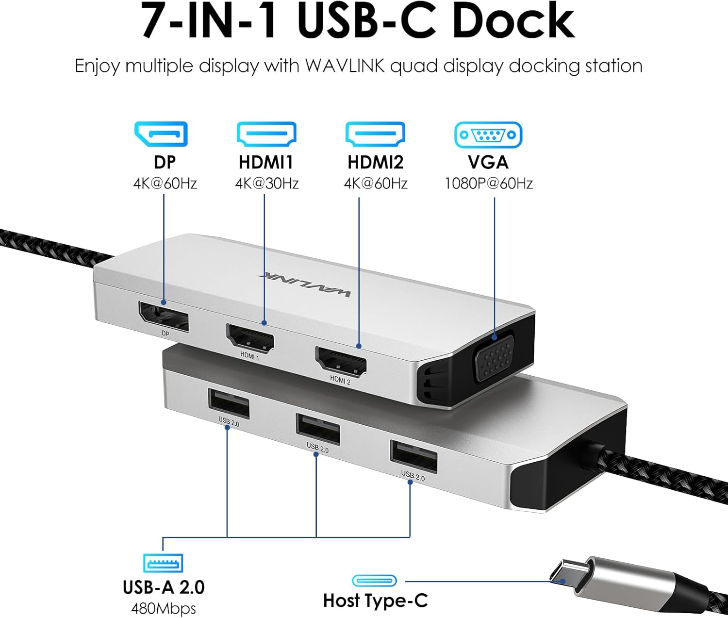 WAVLINK USB C Docking Station for MacBook Dell XPS 13/15, Lenovo Yoga, HP Laptops, USB C to Dual HDMI Monitors for Windows, Dual HDMI, Displayport, VGA, 3 USB 2.0 Ports, Silver
