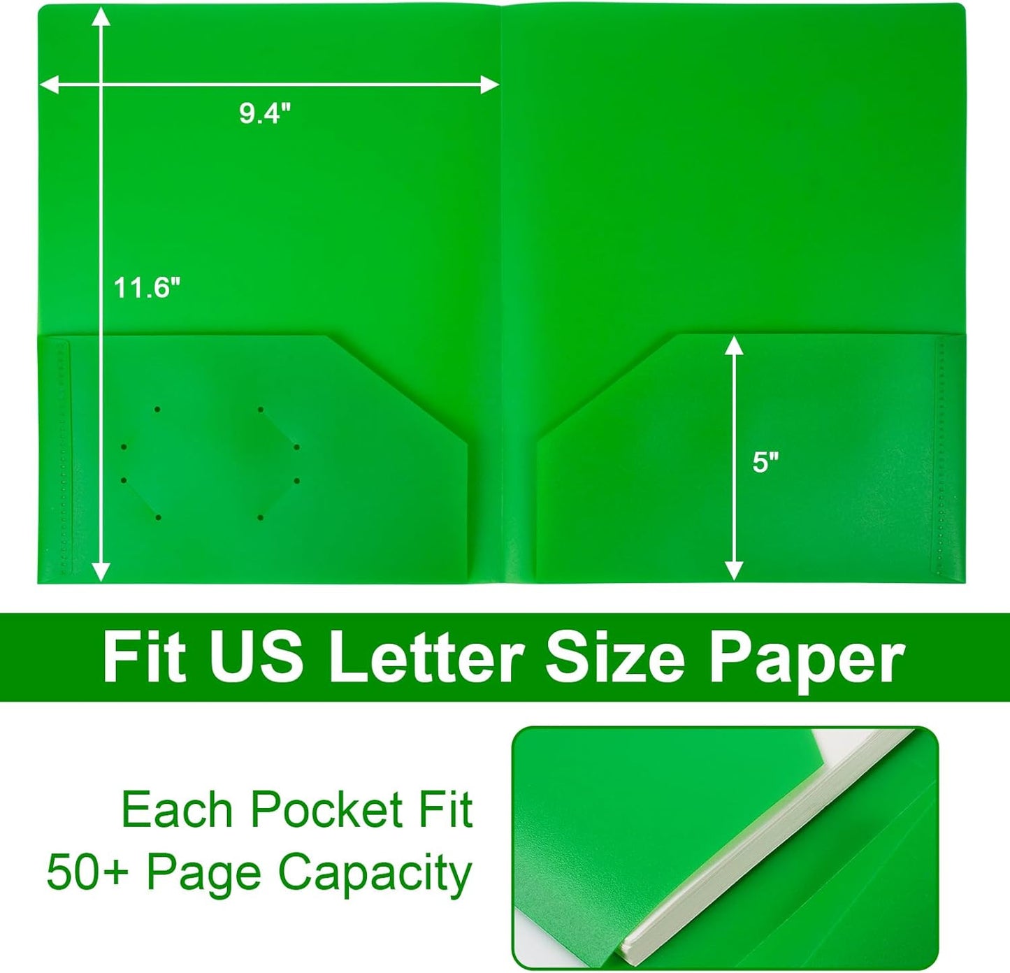 12-Pack Plastic Folders with Pockets,2-Pocket Poly Folders Holds 8-1/2" x 11" Paper for School/Office/Home, Green