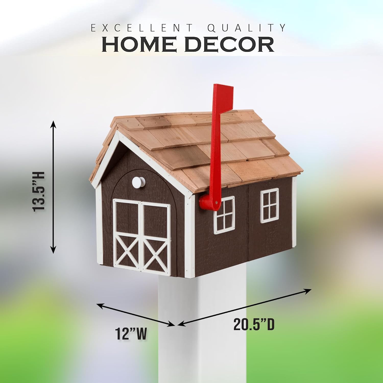 Peaceful Classics Amish Cedar Roof Wooden Mailbox with Window & Door Trim, Handcrafted Mailboxes for Outside, Post Mount Residential Mailboxes - (White with Burgundy Trim)