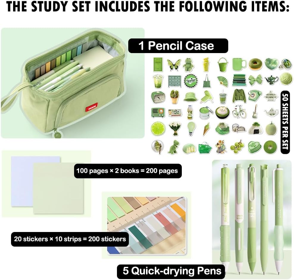 HVOMO Stationery Set,1 large-capacity pencil case,5 quick-drying pens,50 waterproof stickers,2 sticky note pads(200 sheets),1 set of 10-color index labels (200 sheets),Student stationery gift(Green)