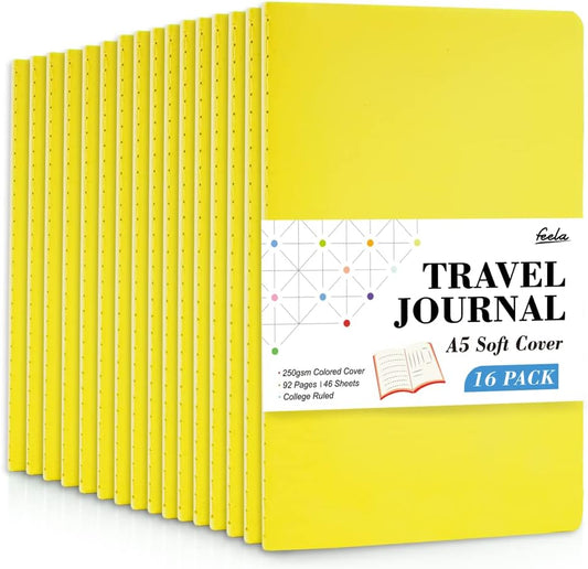 16 Pack Soft Cover Journal Bulk, Feela Lined Notebooks College Ruled for Work for Women Girl Writing, Blank Travel Journal Note Taking Notebook School Business Supplies, 8.2” x 5.5”, A5, Lemon Yellow