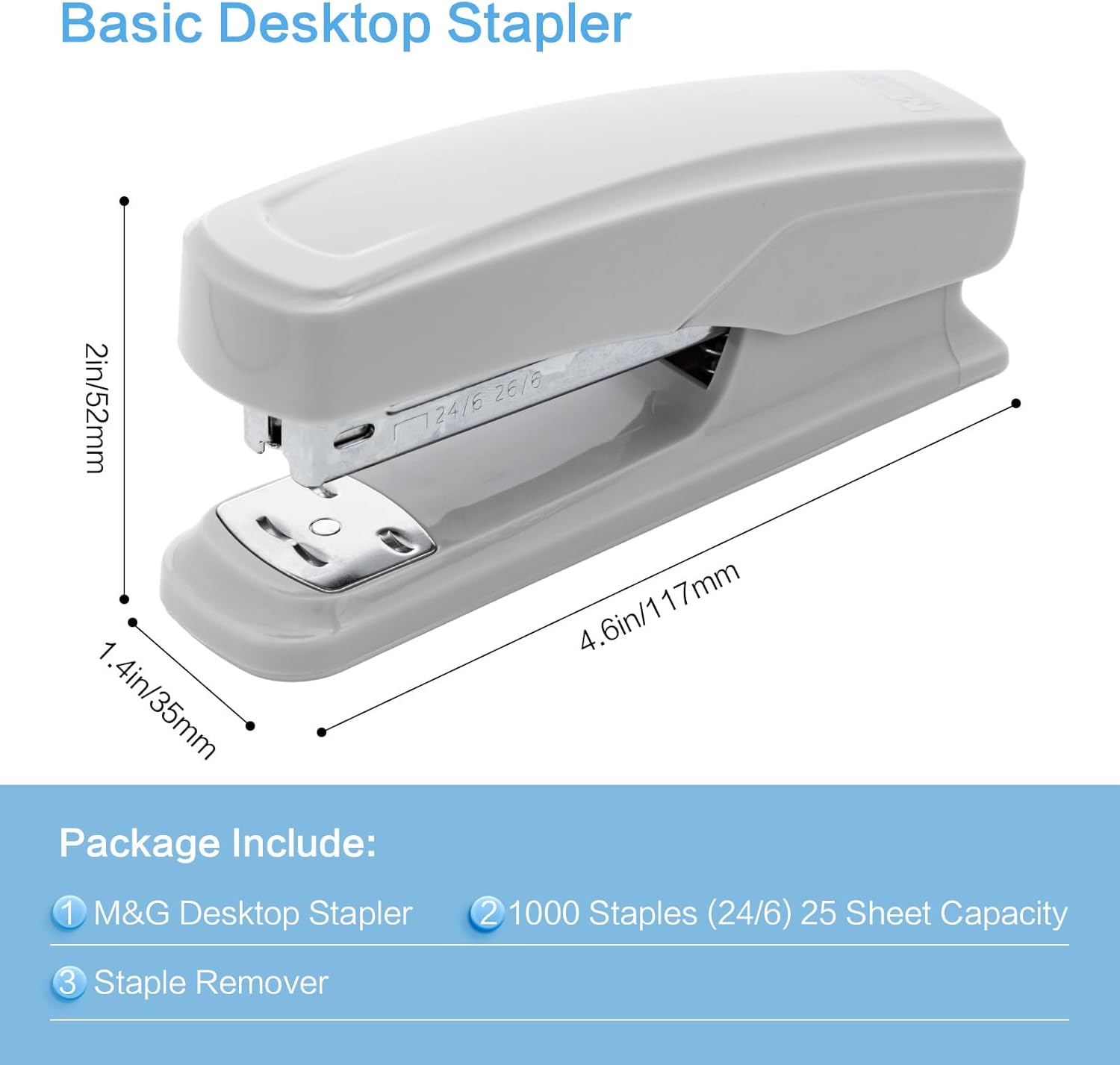 M&G Desktop Stapler with 25 Sheet Capacity, Two Binding Modes, Basic Stapler Set with 1000 Staples and Remover, Durable Staplers for Office School Home (Grey)