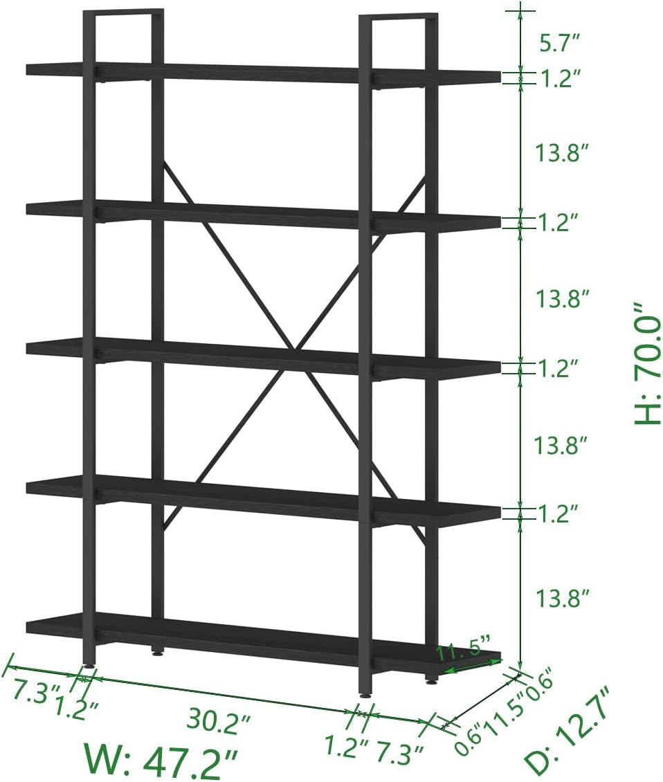 HSH 5 Tier Tall Black Bookshelf, Wood and Metal Storage Book Rack, Industrial Modern Etagere 5 Shelf Bookcase, Large Wide Open Display Book Shelf for Bedroom Living Room Office, Bookshelves Heavy Duty