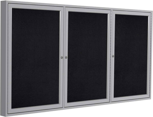 Ghent 36"x72" 3-Door indoor Enclosed Recycled Rubber Bulletin Board, Shatter Resistant, with Lock, Satin Aluminum Frame,Black (PA33672TR-BK) ,Made in the USA