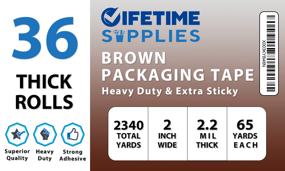 36 ROLLS [UPGRADED] Brown Premium Packing Tape, 65 YARDS, 2.2 mil, Heavy Duty Packaging Tape for Shipping, Moving, Sealing - STRONGER & THICKER