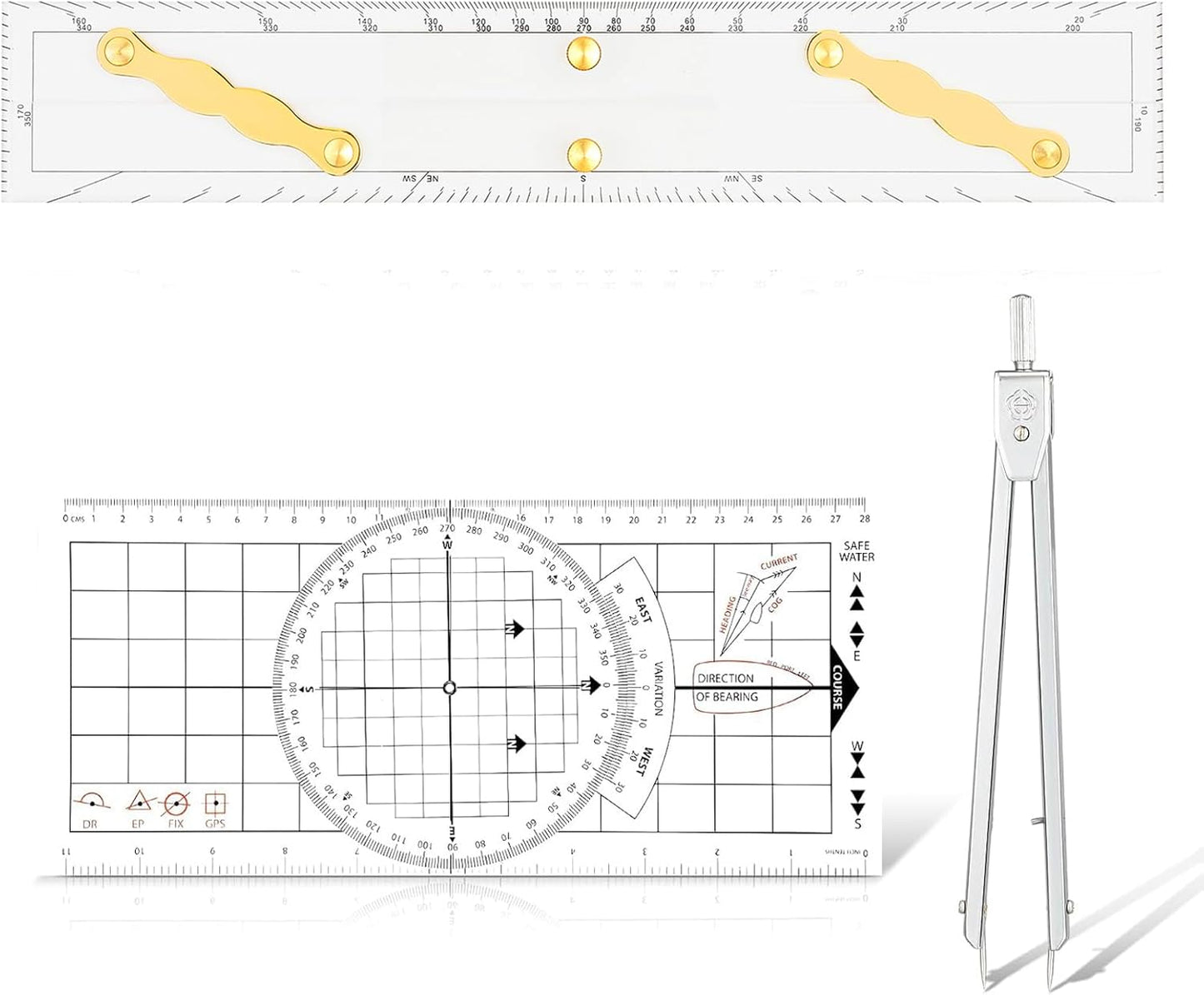 3 Pcs Basic Navigation Set,Including 15inch Parallel Ruler with Brass Arms, Nautical Protractor, and 6 Inch Marine Fixed Points Divider, Marine Accessories with Clear Scales for Boat