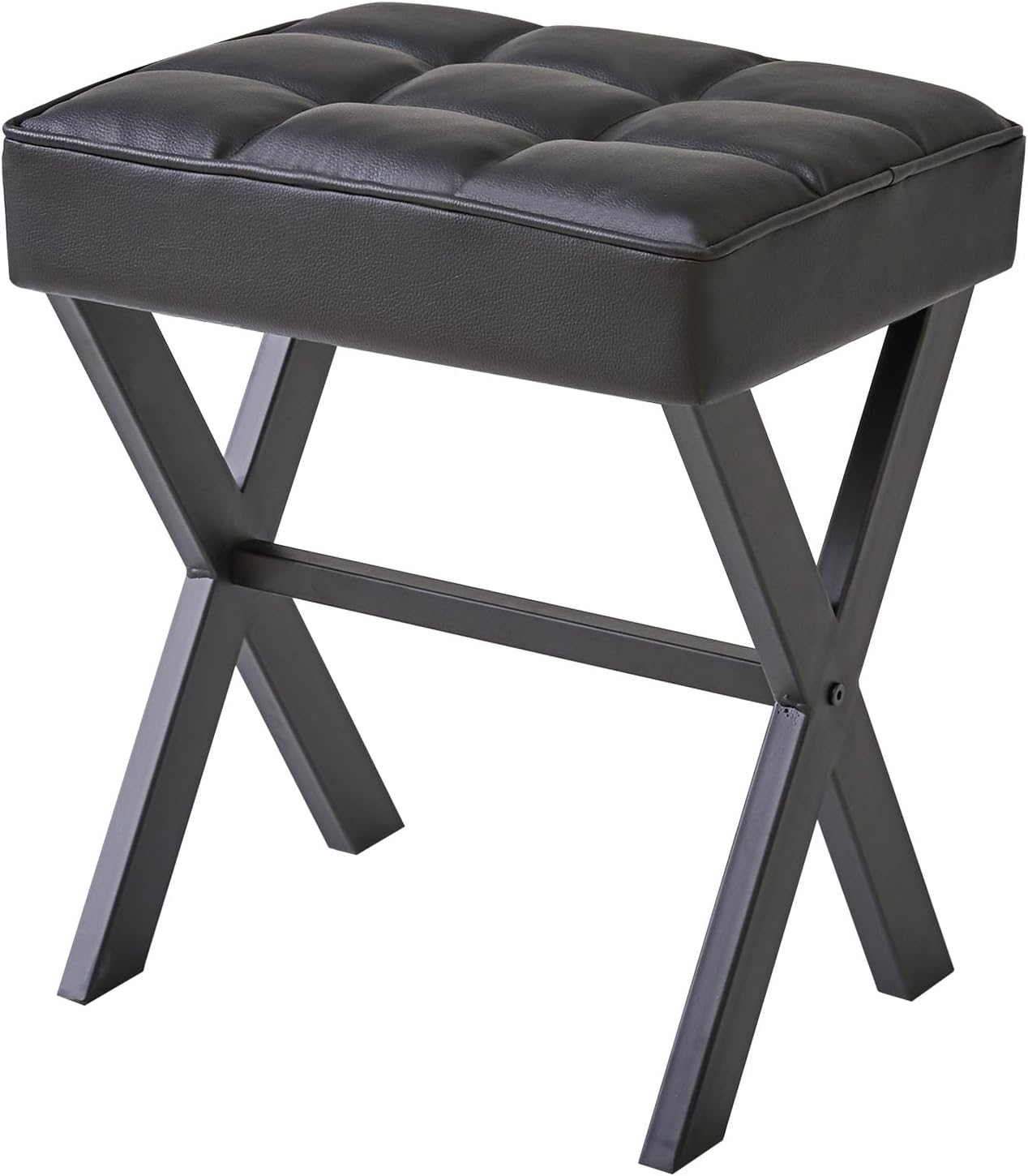 IBUYKE Square Makeup Stool with X-Leg Foot Rest, PU Footrest, Ottoman Seat Vanity Stool, Multi-Use as Small Side Table, for Bedroom, Living Room, Black LG-71B