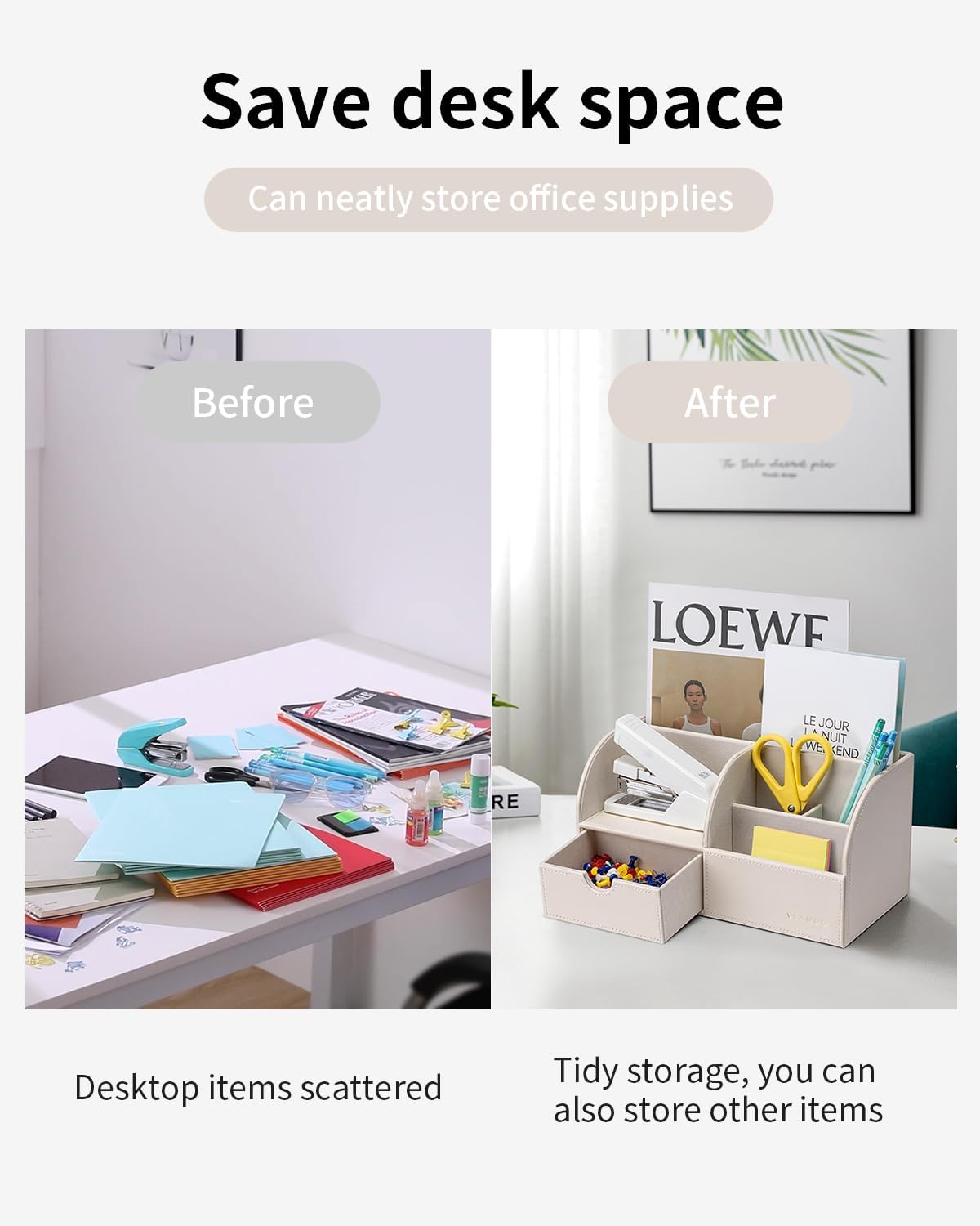 Vlando Office Desk Organizer Leather Desktop Organizer Caddy with Drawer for Storing Desktop Supplies and Accessories (White)