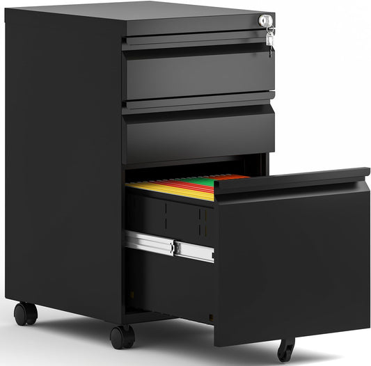 3 Drawer Mobile File Cabinet, Metal Under Desk Filing Cabinet with Lock and Wheels, Home Office Rolling File Cabinet for Legal/Letter Hanging File Folders, Fully Assembled (Black)